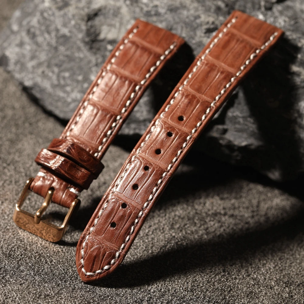 Short S/M Handmade Genuine Leather Strap Crocodile 18 19mm Black Brown Vintage Style Bracelet, High-end Genuine Leather Bracel