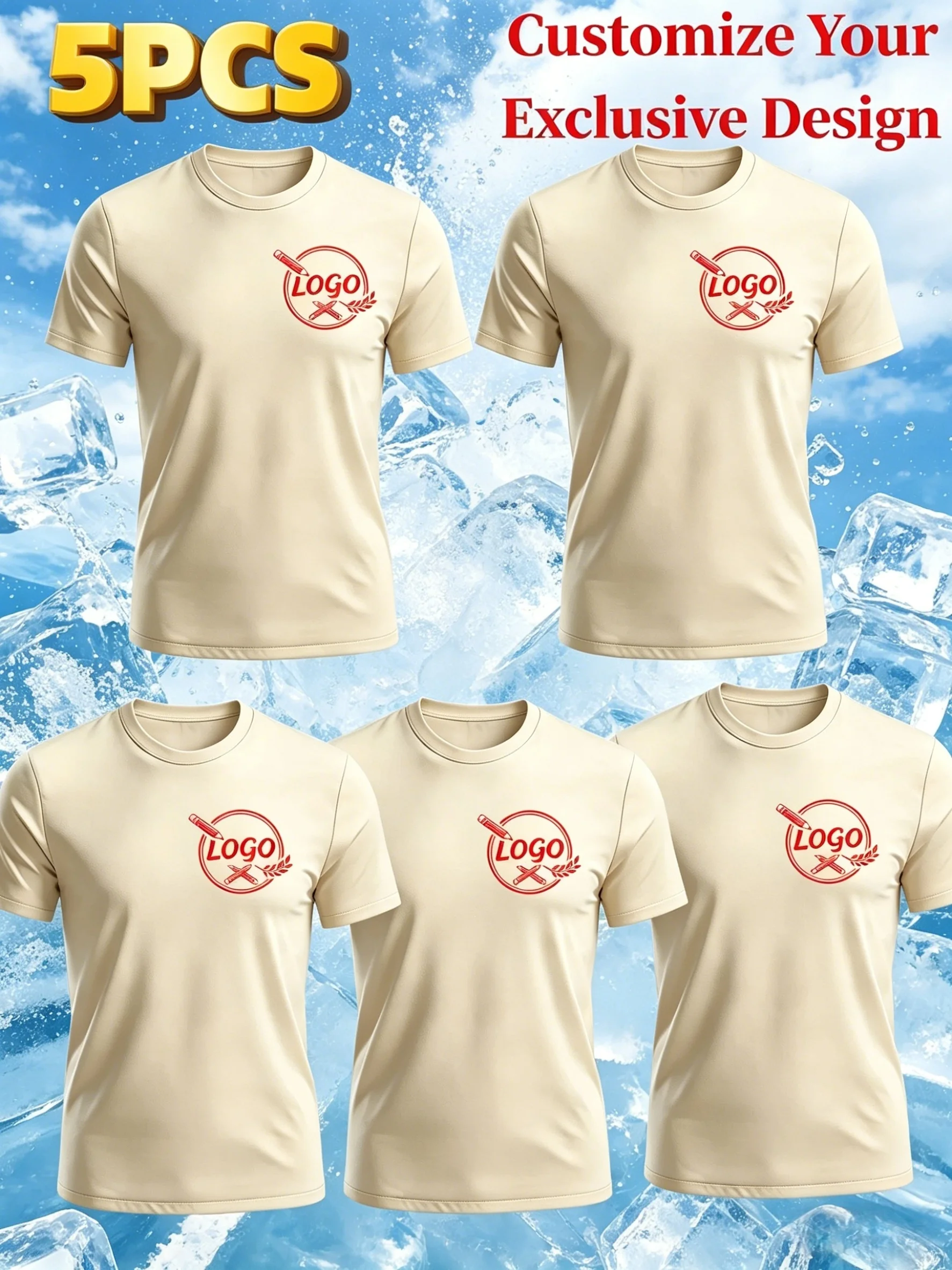 5PCS men's quick drying sports short sleeves with customizable logo on the chest, lightweight, breathable and sweat wicking