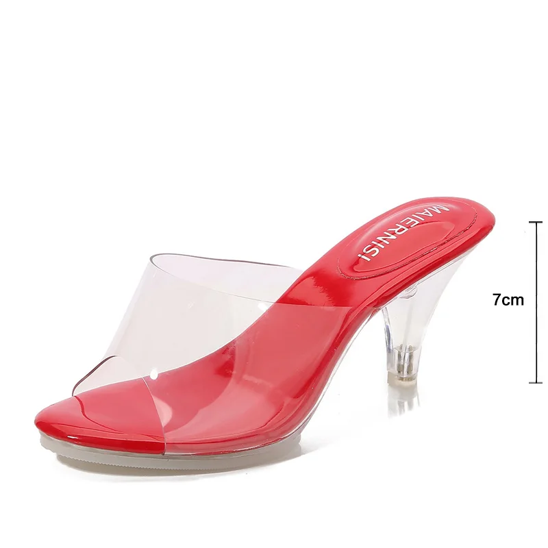 

Transparent Crystal High Heels Women Summer Thin High Heels Slippers Fashion Ladies Wedding Party Peep Toe Sandals Plus Size 43