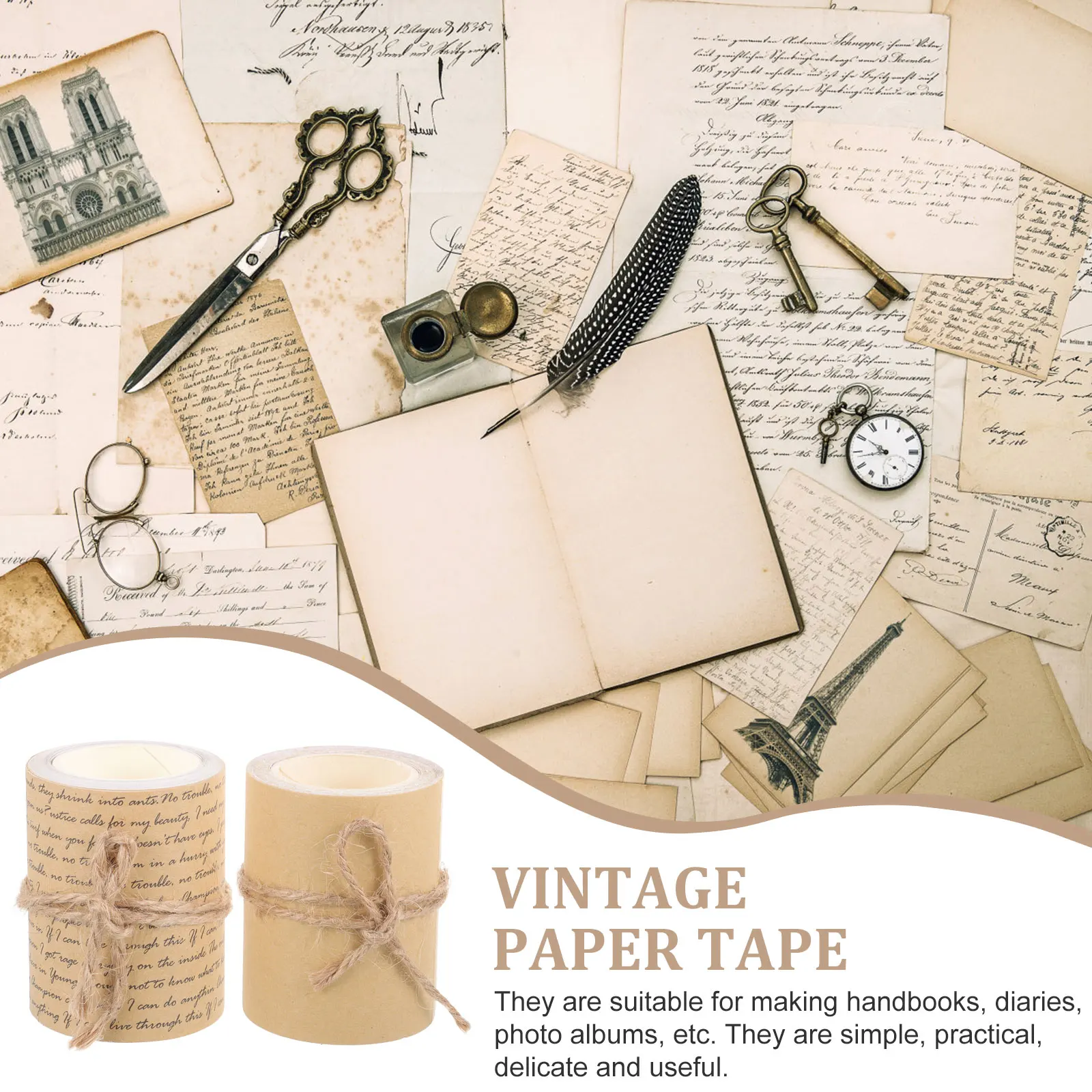 

2 Rolls Vintage Word Pattern Paper Adhesive Craft Tapes Scrapbooking Gift Wrapping Decorative Tapes Sticky Durable No Residue