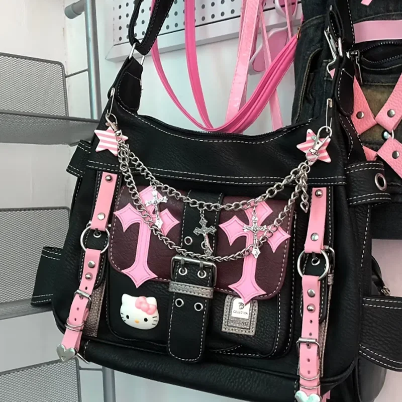 Hello Kitty Gothic Punk Vintage Pink Cross Chains Crossbody Bags for Women Toys Hot Girl Handbag Y2K Tote Bag Christmas Gift