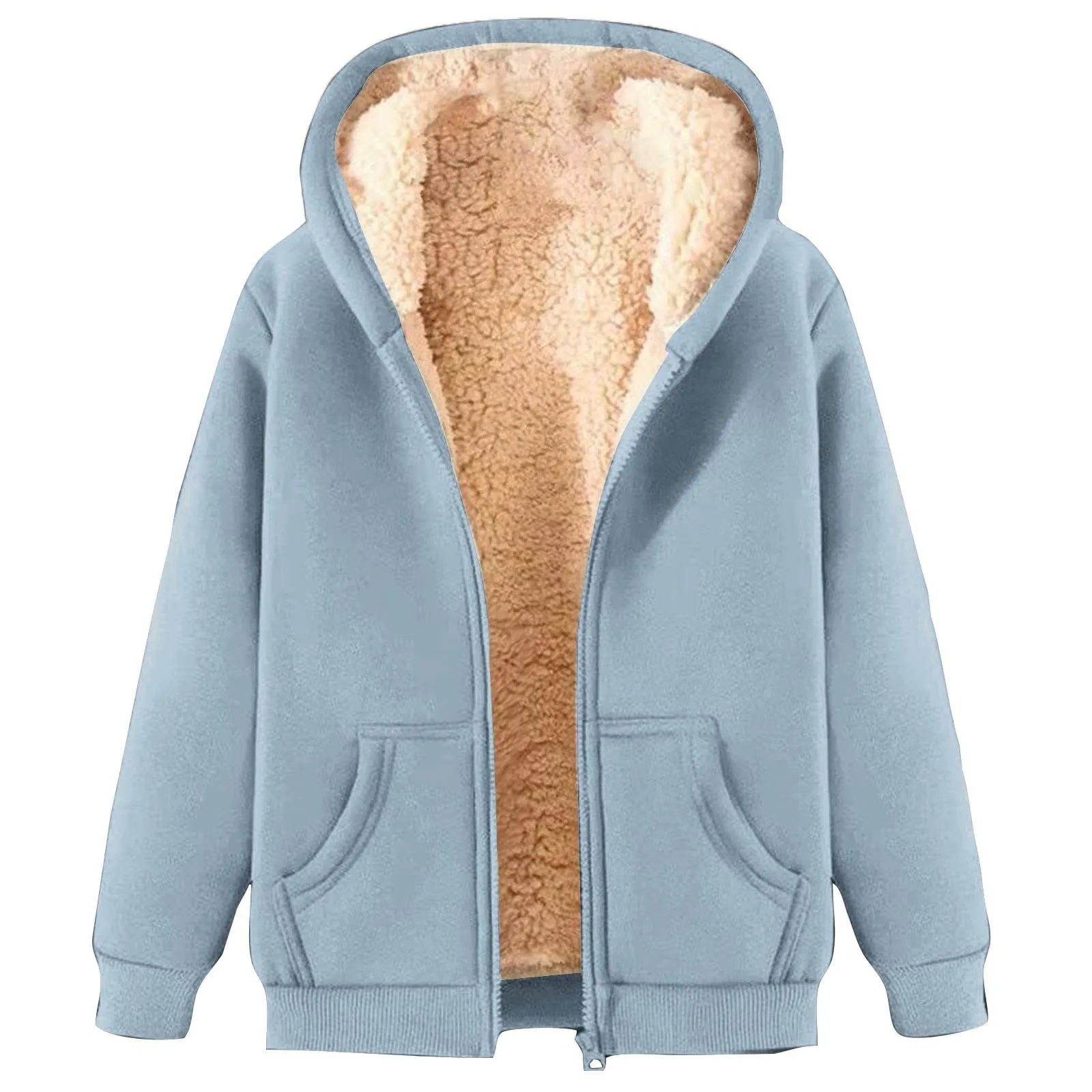 Women Autumn Winter Warm Zip Up Hoodies Casual Plush Oversized Hoodie Solid Color Fluffy Zipper Sweatshirt Bluza Damska