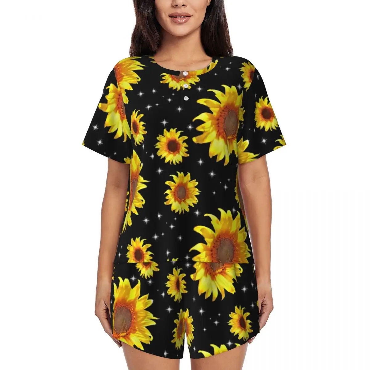 

Sunflower Art Pajamas Short Sleeve The Stars of Sunflowers Print 2 Pieces Night Pajama Sets Summer Lady O Neck Fashion Sleepwear
