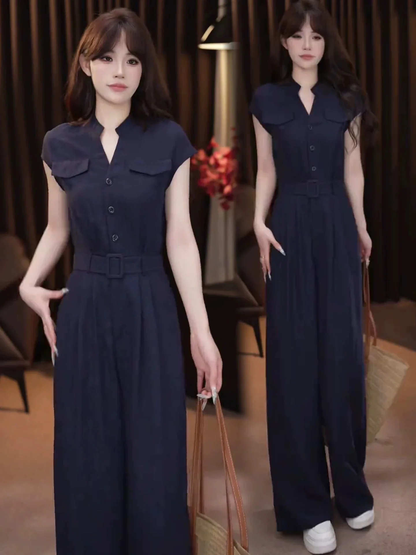 

Модный женский костюм с V-образным вырезом, лето 2022, утягивающий костюм Ele, молодежные простые брюки Dr, ансамбль из полиэфирного волокна