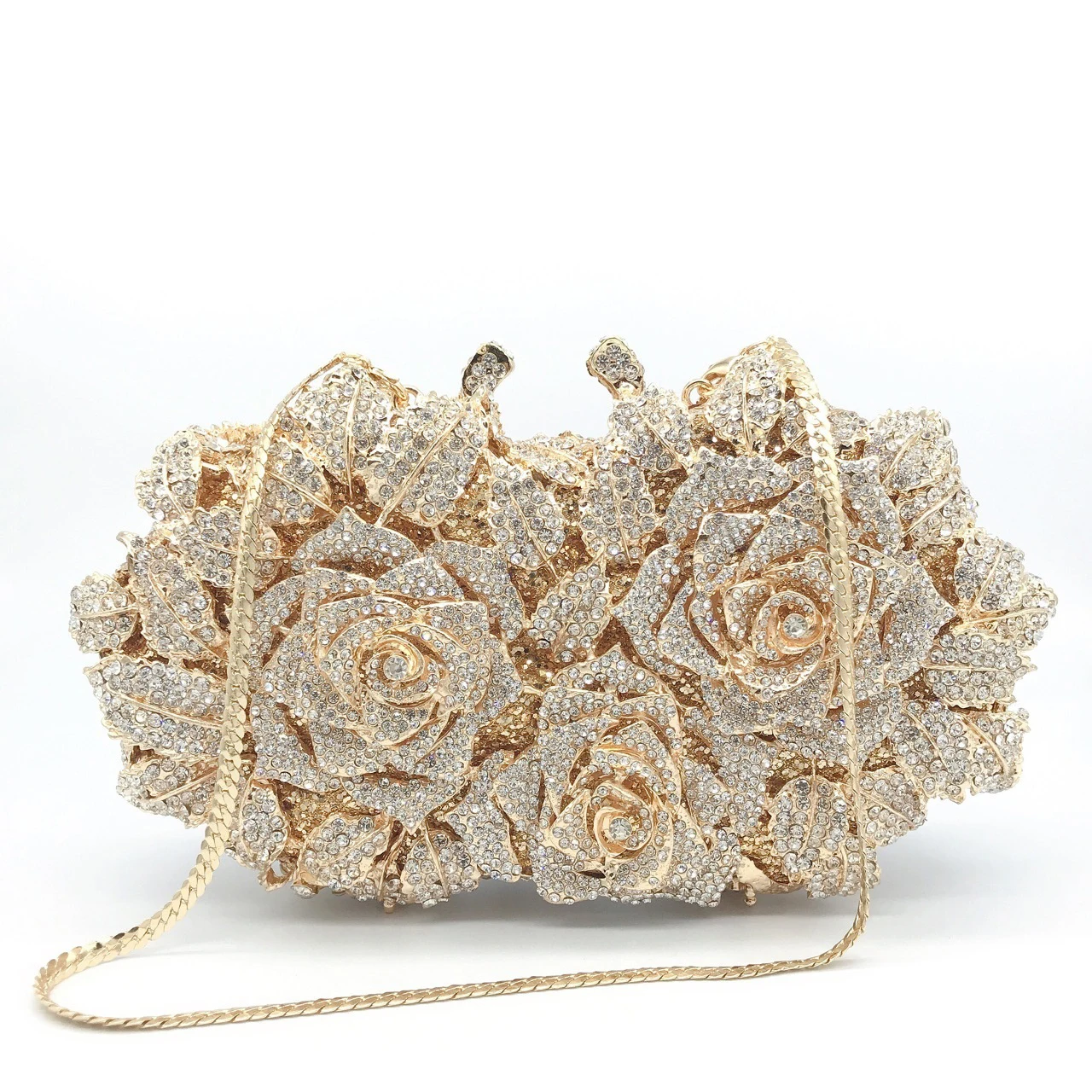 Golden Silver Luxury Crystals Evening Bags Fashion Rose Flower Diamonds Clutch Bags Soiree Purse Women Wedding Bride Handbags