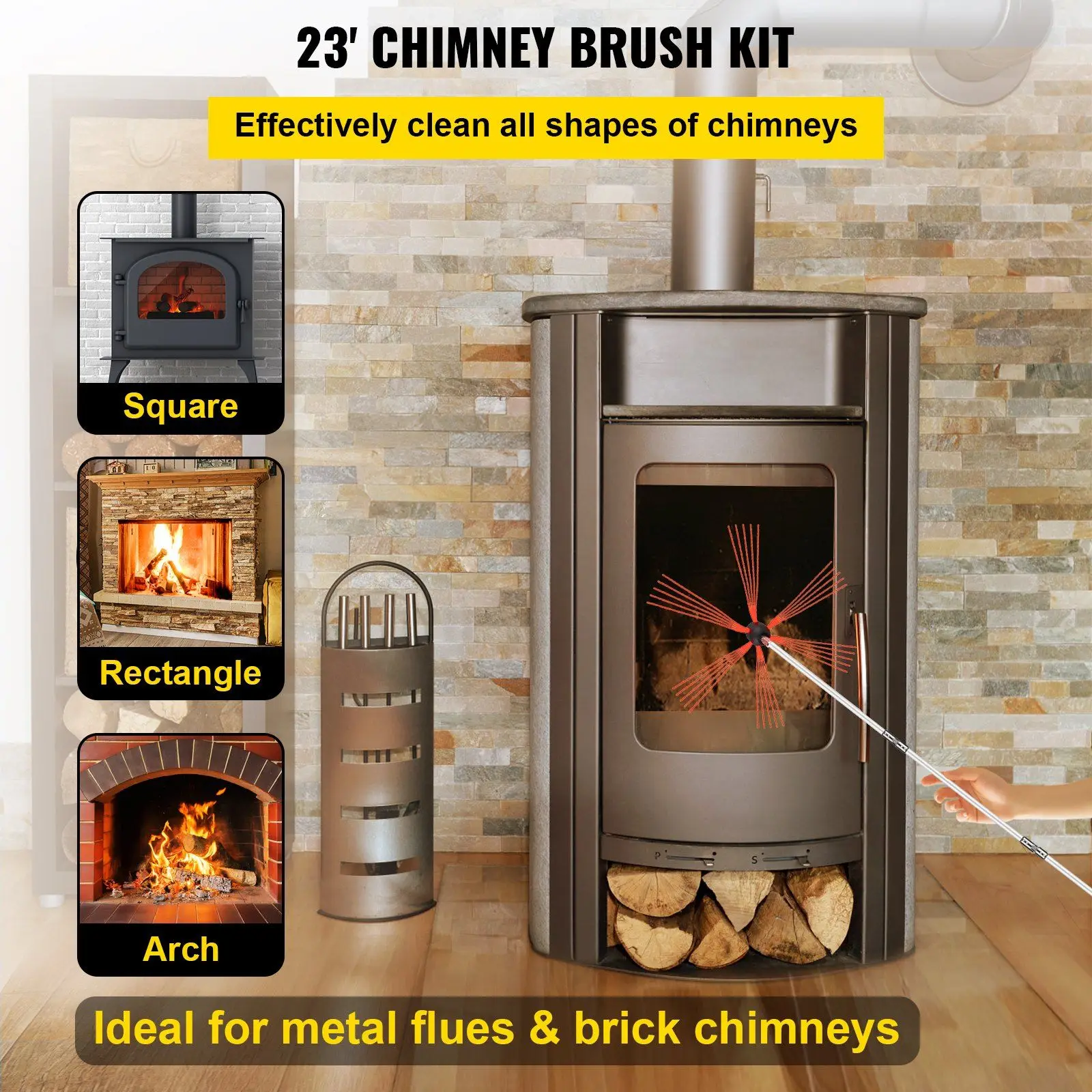 Kit de barrido de chimenea de 23 pies, 7 varillas flexibles de nailon, kits de herramientas de limpieza impulsado por taladro rotativo, piezas de chimenea de purga de chimenea