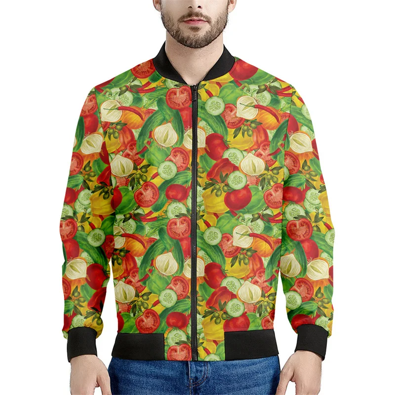 

Colorful Fruits Vegetables Graphic Zipper Jacket For Men 3d Printed Vegan Sweatshirt Tops Long Sleeves Street Bomber Jackets