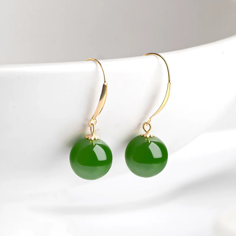 

18K gold earrings set with natural jade, women's round bead earrings, with certificate, genuine
