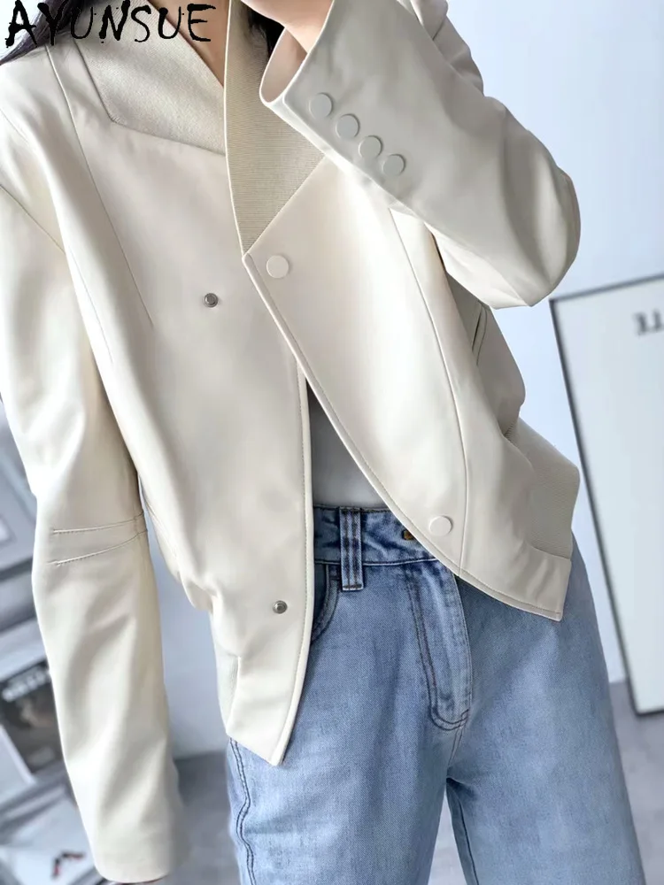 AYUNSUE-Veste courte en cuir véritable pour femme, manteau en peau de mouton véritable, vestes minces à col en V, mode féminine, 2023