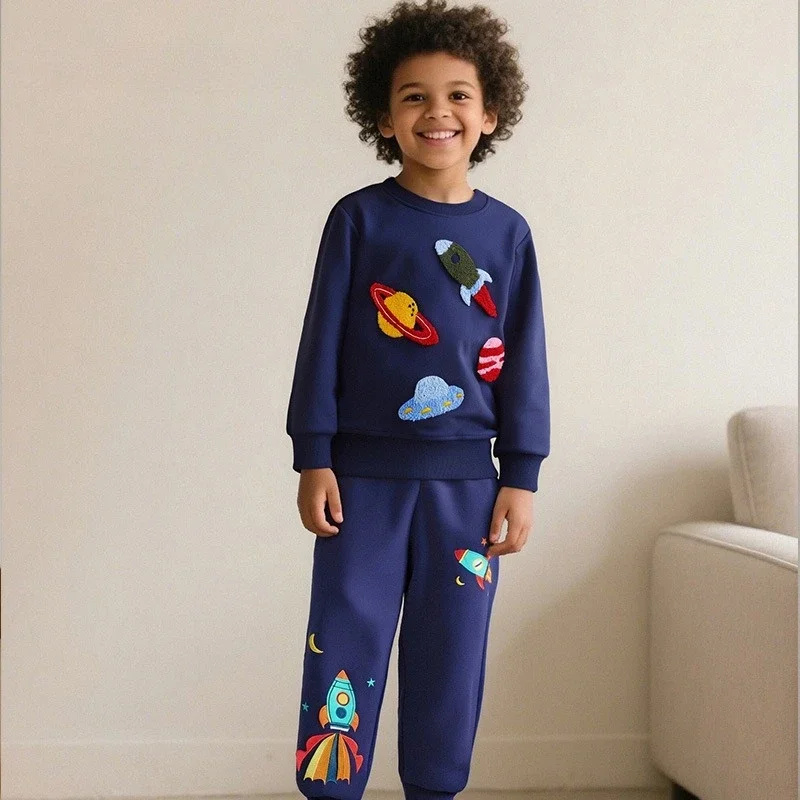 Boys Pullover Tops 100% Cotton Space Rocket Planet Applique Hoodies Sweatshirts Toddler Kids Crew Neck Long Sleeve Clothes