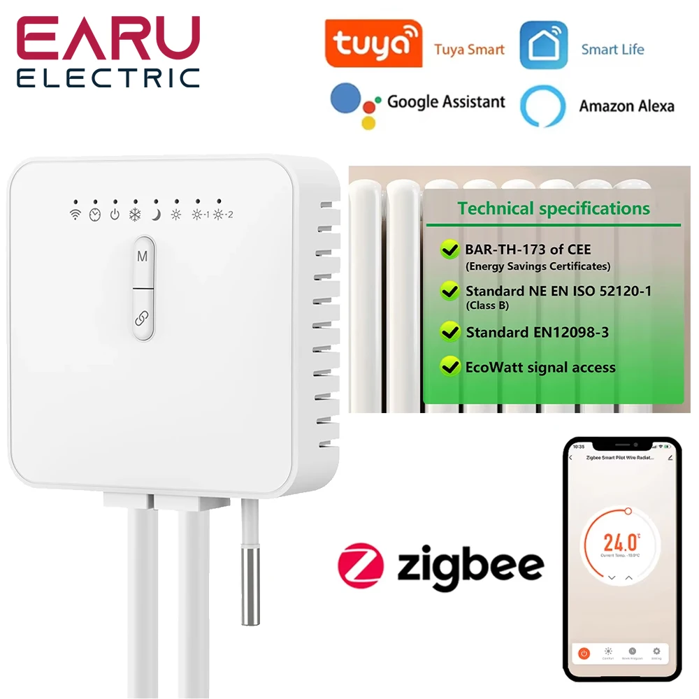 Tuya ZigBee Smart Thermostat For Pilot Wire Heating Radiator Support Ecowatt Electricity Monitoring Remote Control Alexa Google