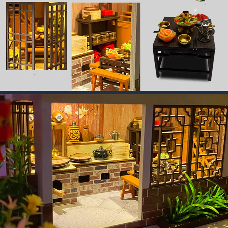 DIY Wooden Doll House Miniature Building Kits Chinese Villa Dollhouse With Furniture Light Big Casa Toys for Girls Birthday Gift