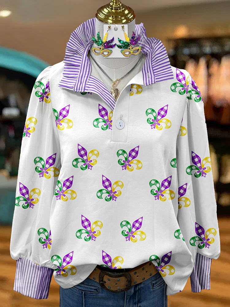 Mardi Gras Stripe Print Stand Collar Shirt