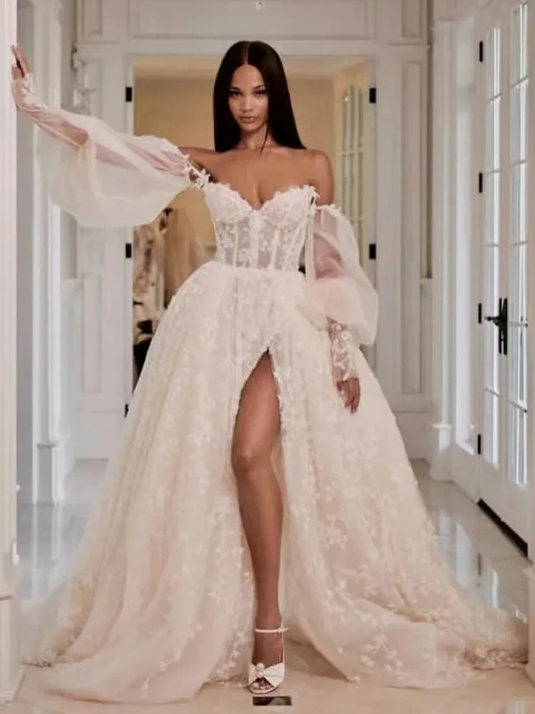 Msikoods Puffy Long Sleeves A Line Wedding Dresses Sexy Off The Shoulder Lace Appliqued Boho Beach Side Slit Bridal Gowns