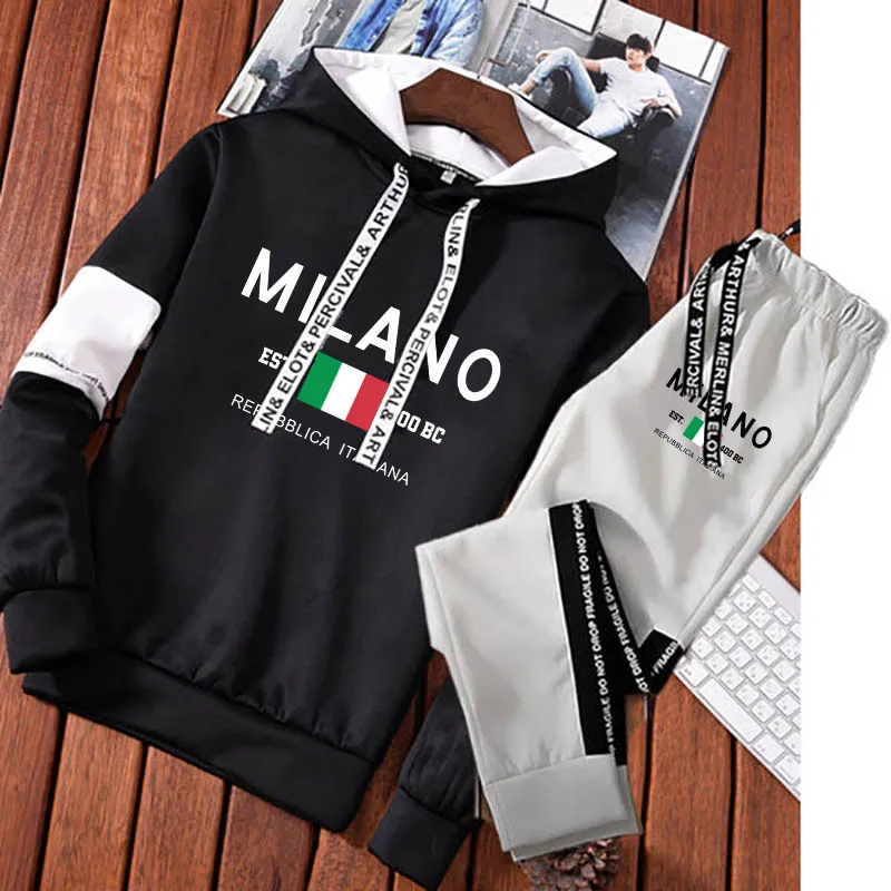 Conjunto de sudadera con estampado de letras Milano para hombre, sudaderas con capucha, pantalones de chándal, trajes de diseño, traje de Jogger,