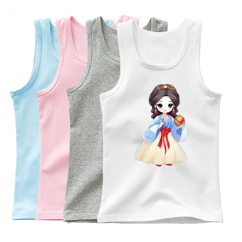 

Винтажный хлопковый жилет с принтом принцессы, розовая футболка без рукавов для девочек, детская модная майка на бретельках, базовые футболки