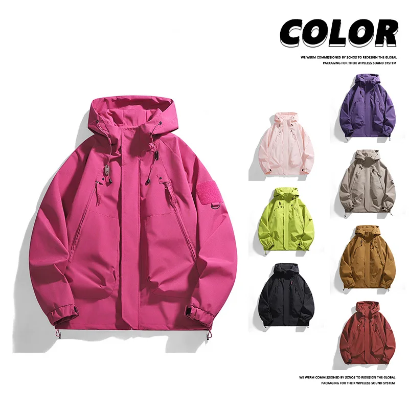 Men Solid Color Hooded Cargo Jacket Windproof Multi Pocket Design Hiking Windbreaker Spring Autumn Fashion Casual Male Outerwear