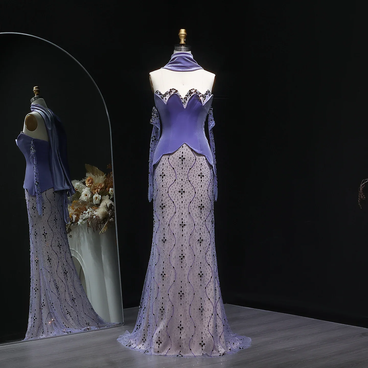 

Sharon Said Великолепное фиолетовое бархатное вечернее платье русалки из бисера с шарфом и перчатками для свадебной вечеринки SS269 SSCustomized