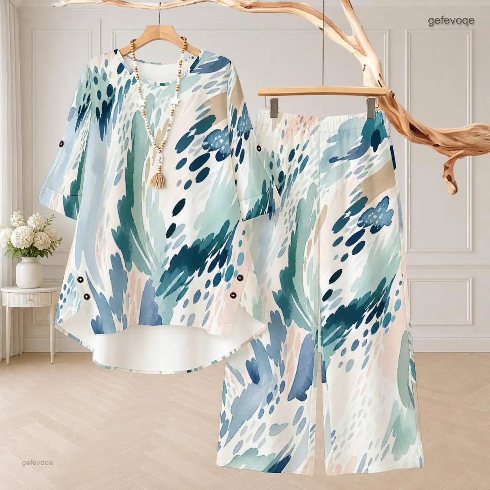 Women Women Abstract Watercolor Printed Round Neck 3/4 Sleeve Top and Wide Leg Long Pants Two Piece Set - Aliexpress Deal