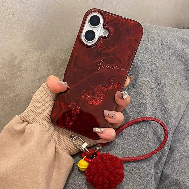 Perforated vortex shell with red gradient blending, phone case with bell and leather strap for iPhone 11 12 13 14 15 16 pro max