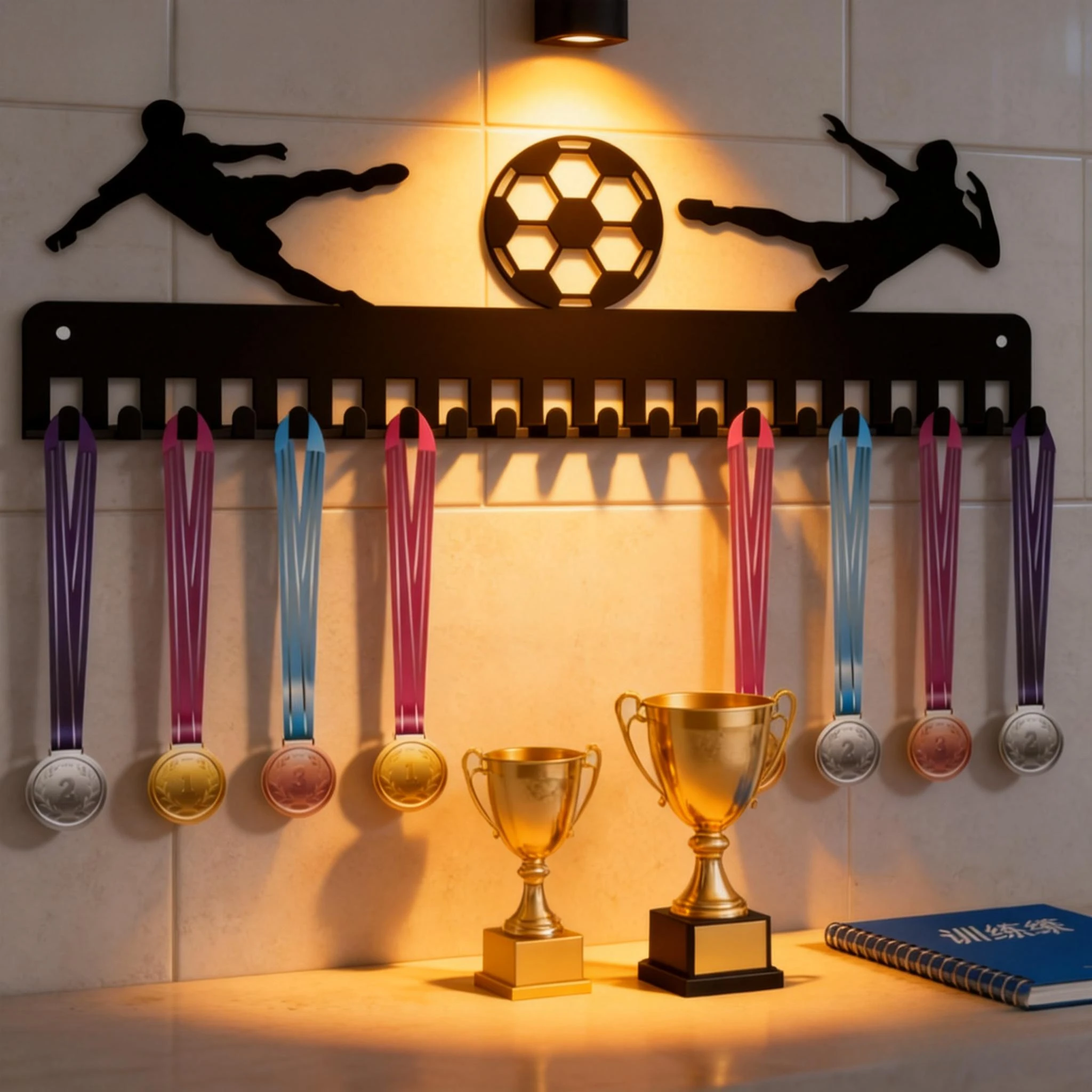 Sports Medal Holder Display Rack Iron 20 Hooks Soccer Football Wall Mount Hanging Mural Athlete Organizer Gift