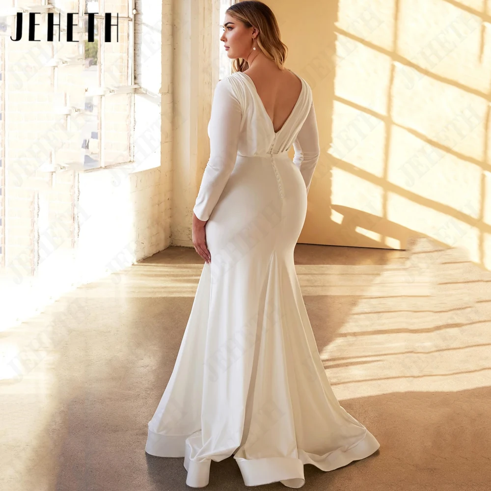 JEHETH Elegant Wedding Dress Plus Size Woman Bride Long Sleeves Double V-Neck Bride Gowns Mermaid Soft Satin vestidos de novia