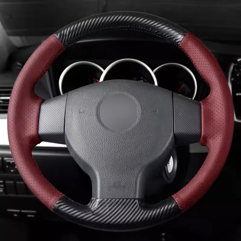 

Matt Carbon Fiber with Wine Red Perforated Leather Car Steering Wheel Cover Car Accessoires for Nissan Tiid Teana Sylphy Livina