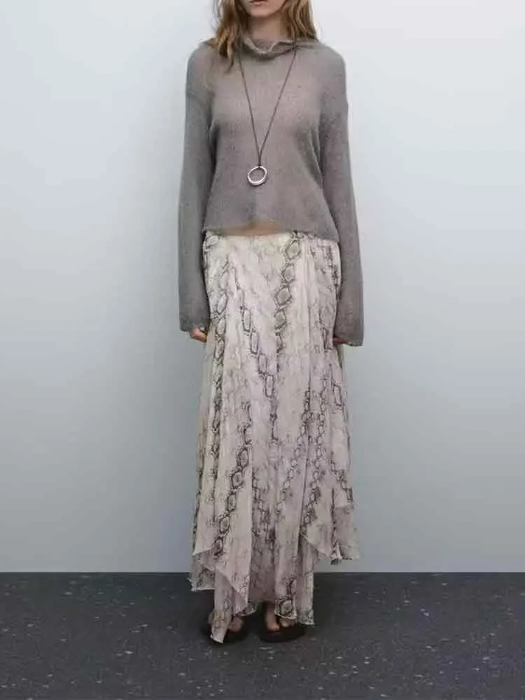 

European style new women's fashion all-match French holiday style snake print irregular wide hem midi skirt