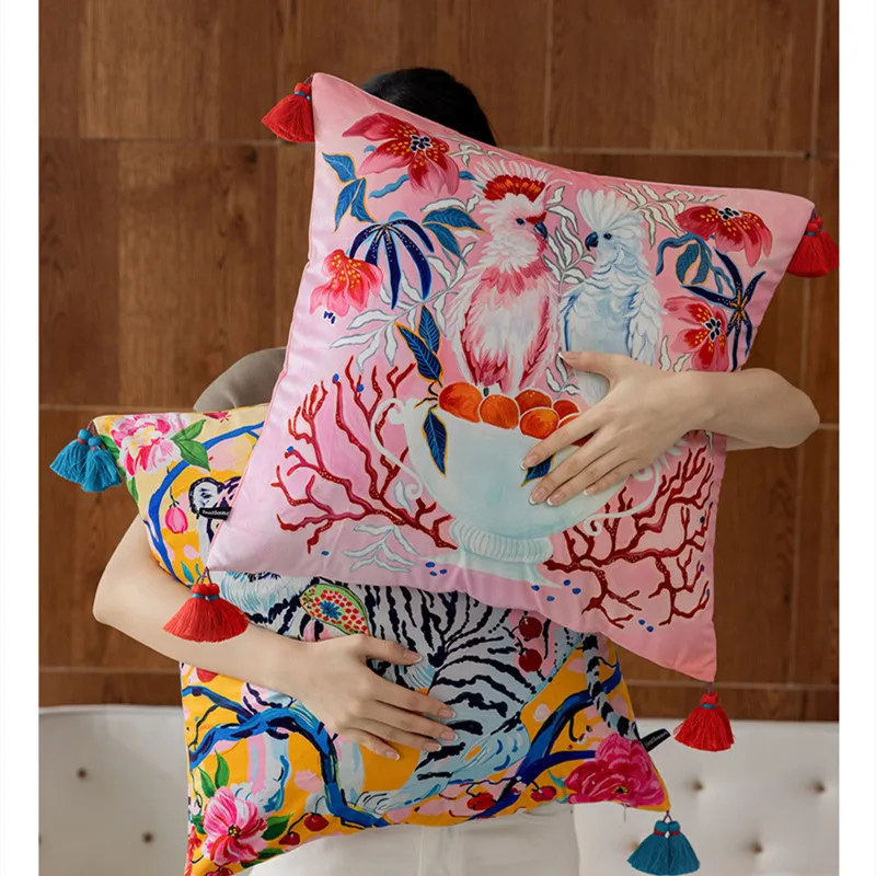 

Vintage Throw Pillow Cover with Shabby Chic Tiger Velvet for Couch, Bed, Sofa, Car Waist Cushion Cover, Elegance, Pink, 45x45cm