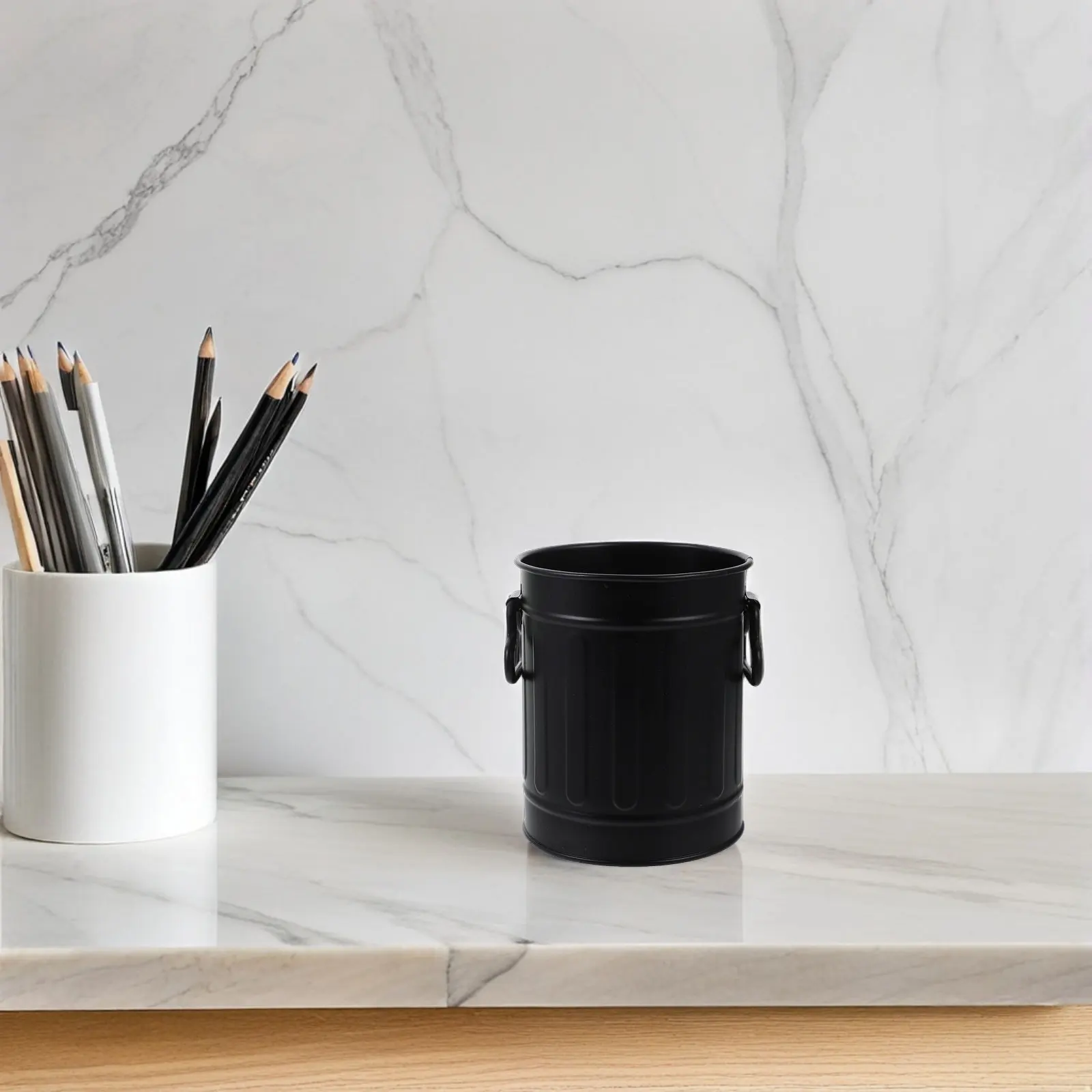 Iron Desk Trash Can Compact Countertop Wastebasket for Home Office Desktop Pen Pencil Holder Stationery Storage Container Multi