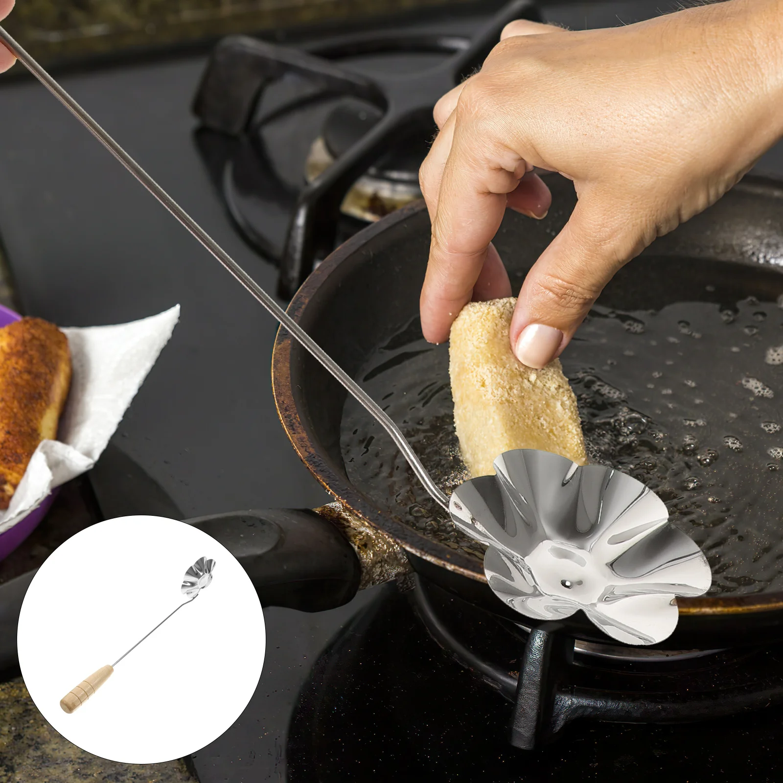

Professional Bunuelos Mold Wood Handle Stainless Steel Frying Snack Maker Non-Stick Kitchen Tool for Fried Cake