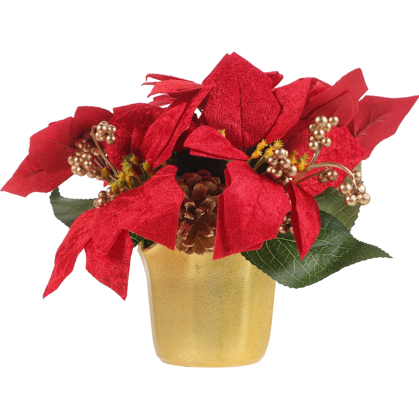 

1 Red Christmas Flower Pot with Pine Cones 7 Heads Lifelike Fake Potted Flowers for Desktop Restaurant Bar Xmas Decor Artificial