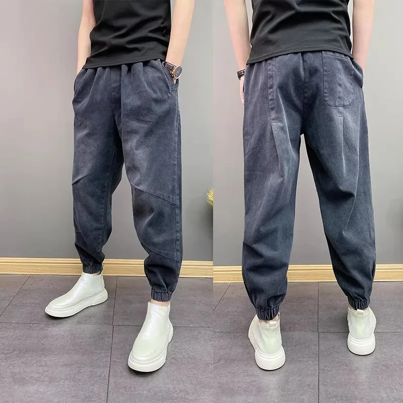 

Summer Men's plus Size 250 Pounds High Street Style Retro Denim Jeans Drawstring Waist Sports Trousers Trendy Standard Fit
