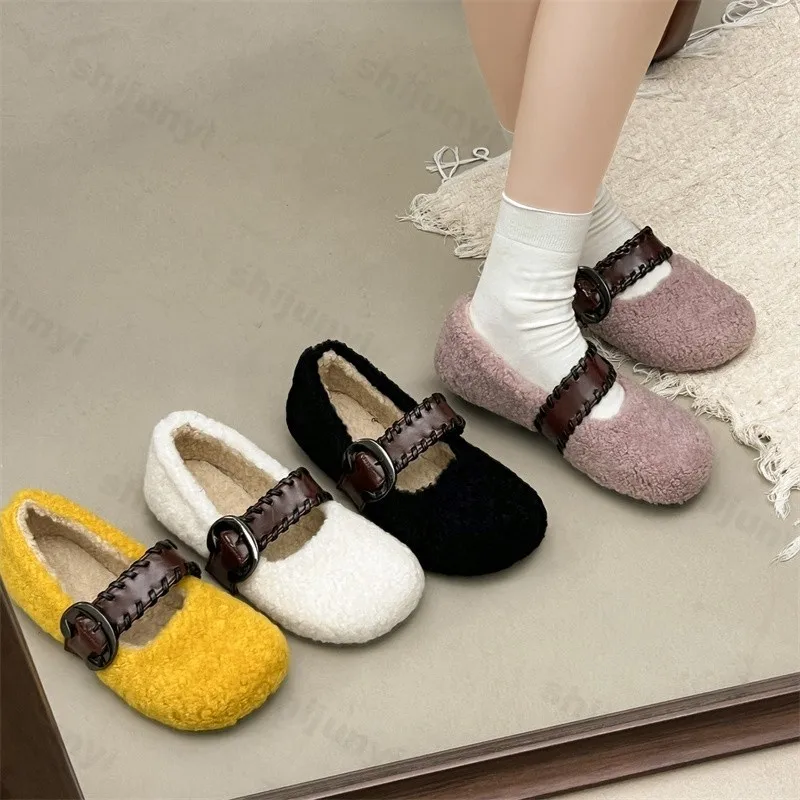 

Elegant Warm Hairy Shallow Mouth Casual Single Shoes for Women 2025 Winter Fashion Versatile Plush Comfortable Cotton Flat Shoes