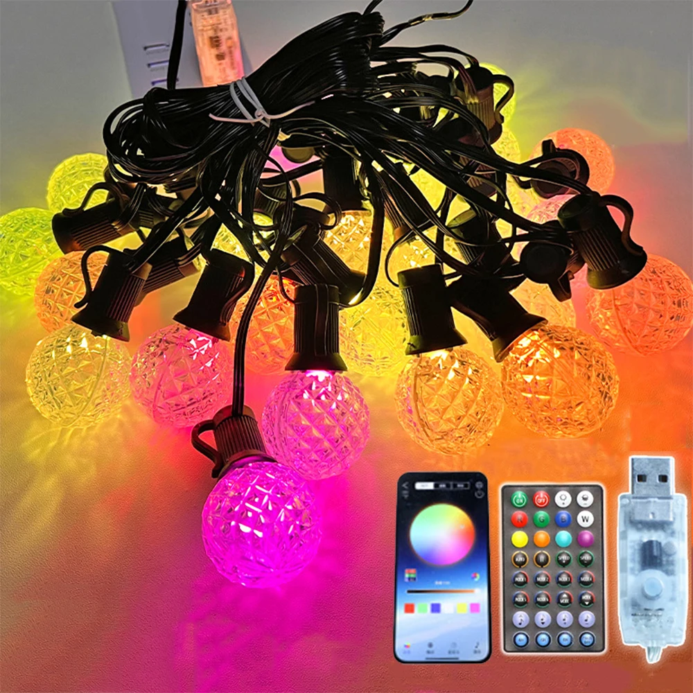 5M 8M RGB G40หลอดไฟไฟสายประดับ LED ตกแต่งคริสต์มาส Fairy Garland ไฟบลูทูธ APP/ระยะไกลสำหรับงานแต่งงานใหม่ปี Holiday Party