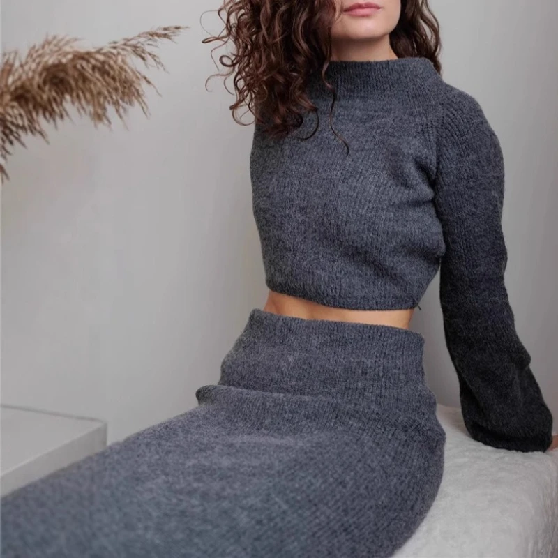 

Осень-зима 2022, новый комплект свитеров, женский вязаный топ с воротником с одним словом + юбка на бедрах