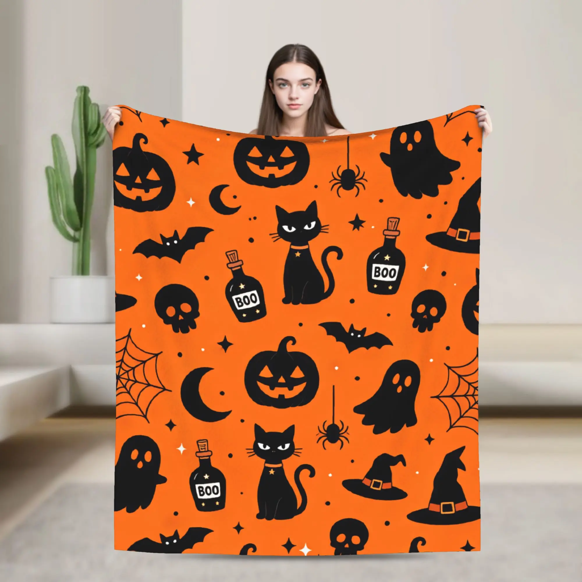 Soft Cozy Blankets Plane Travel Halloween Ghost Cat Bat Pumpkin Witch Hat Orange Seamless Pattern Throw Blanket Bedspread