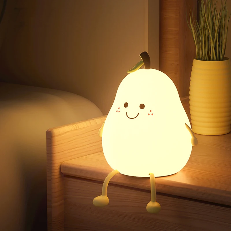 LED Pear Fruit Night Light USB Rechargeable Dimming Touch Silicone Table Lamp Bedroom Bedside Decor Kids Holiday Gift Baby Light