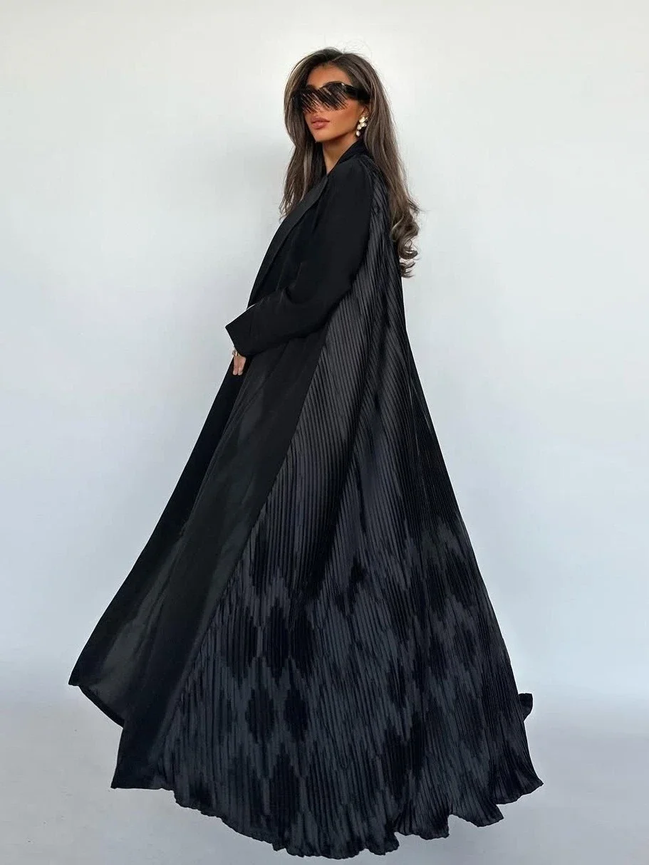 Eid Women Abaya Black Pleated Cardigan Lapel Muslim Party Dress Caftan Jalabiya Ramadan Abayas Vestidos Largos Kaftan Arab Robe