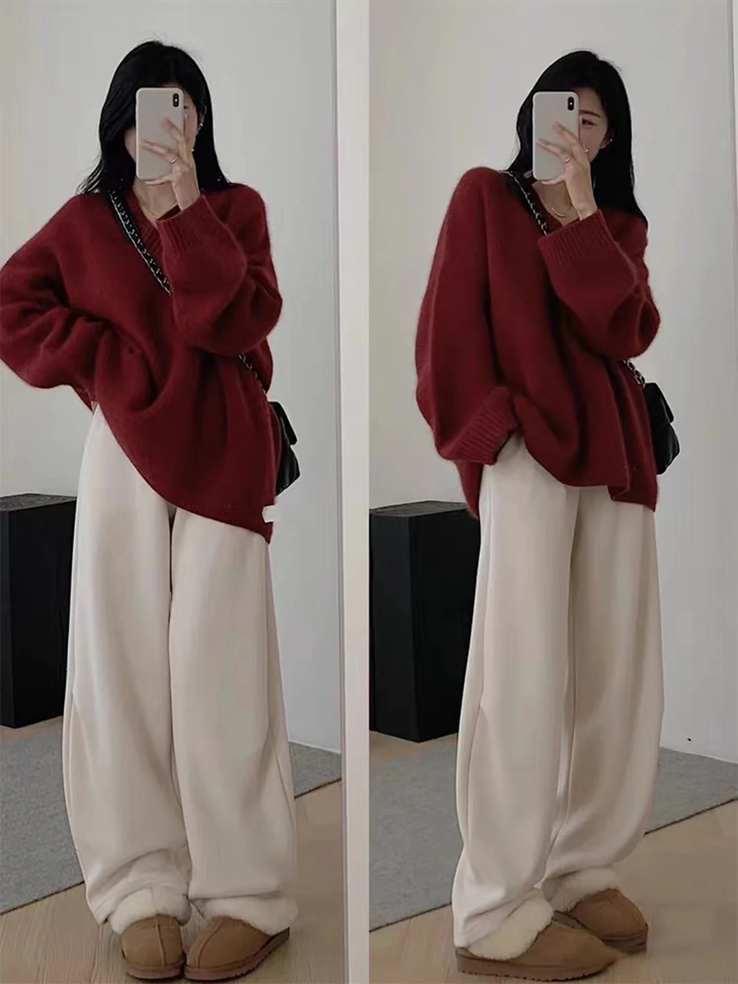 Red V-neck lazy wind in winter 100% pure cashmere sweater women's high-end soft waxy thick sweater in autumn and winter