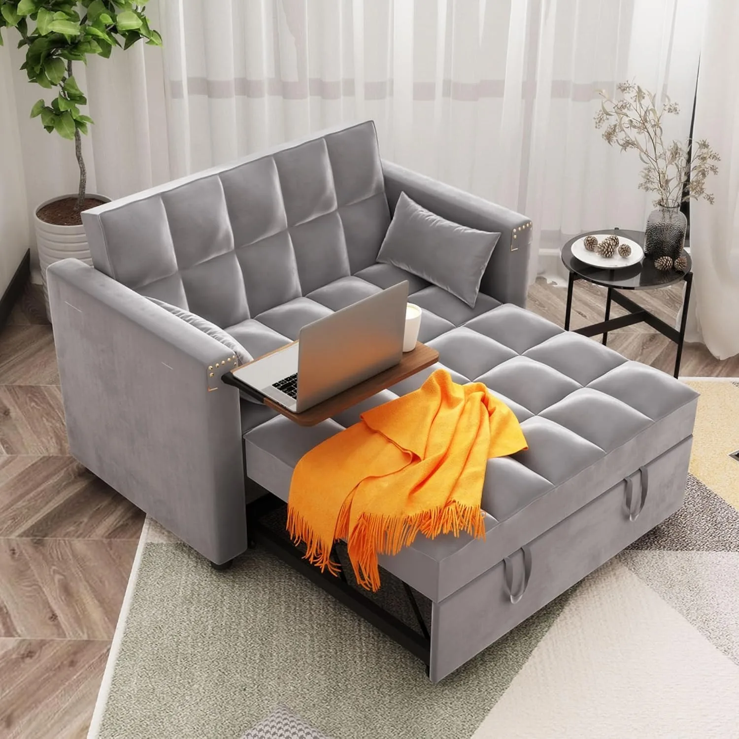 Convertible Sofa Bed, 3-in-1 Multi-Functional Couch Pull-Out Bed, Loveseat Chaise Lounge with Adjustable Backrest & Pillows