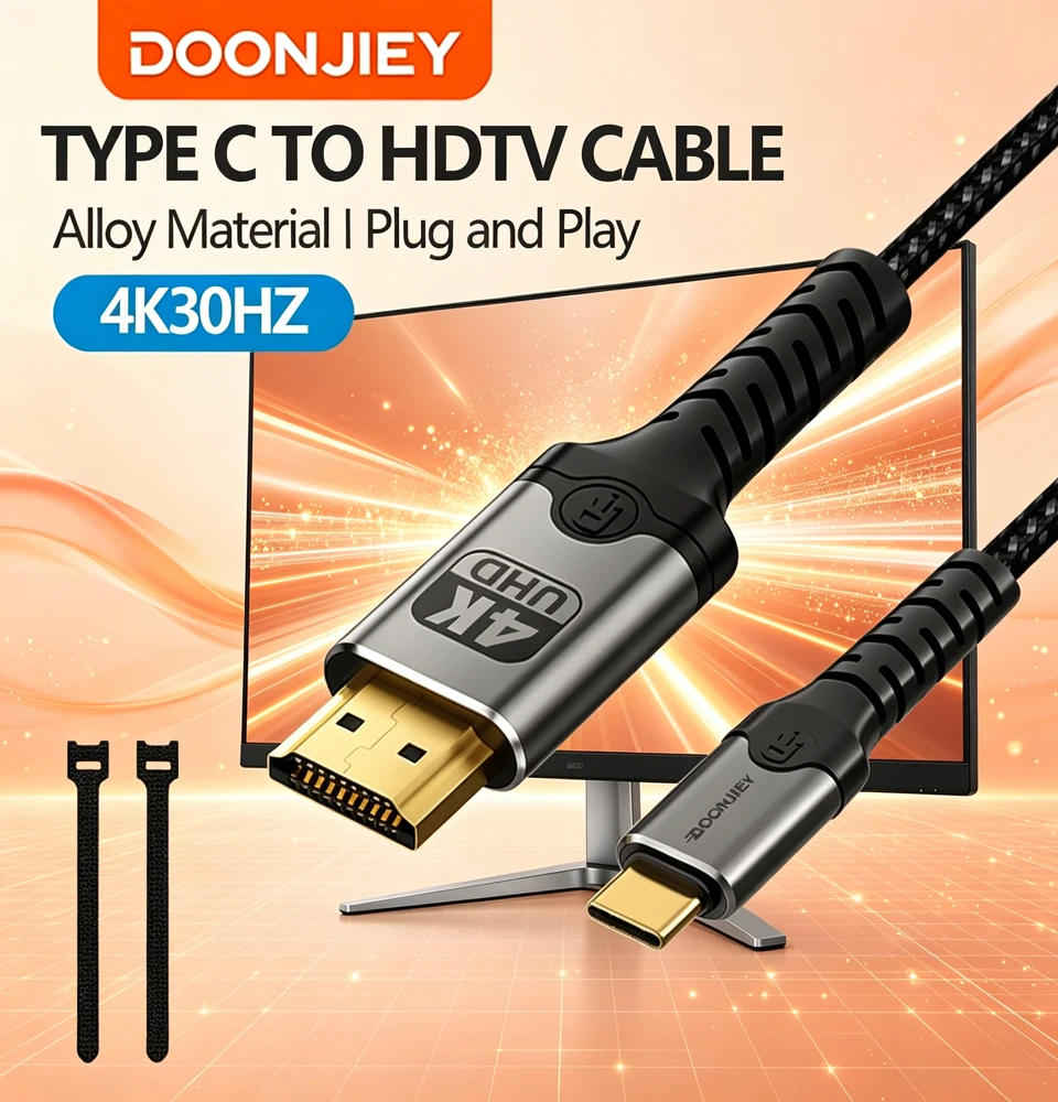 DOONJIEY Type C to HDMI Cable 4K Video Transmission USB C to HDMI Cord for Laptop MacBook Phone Monitor TV with 2 Cable Straps