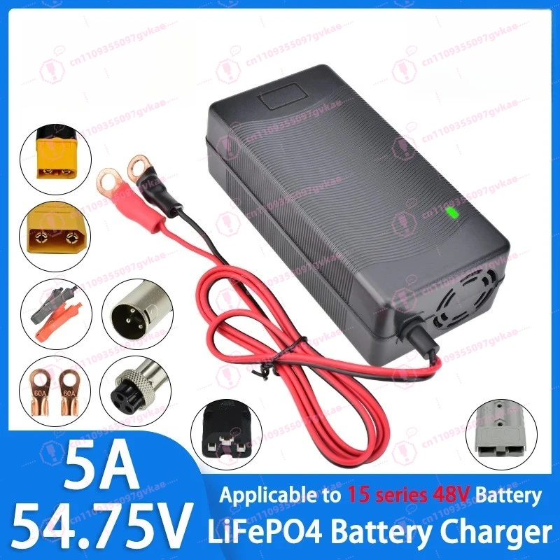 

Зарядное устройство для LiFePO4 аккумуляторов 54.75V 5A для 15S 48V LiFePO4 аккумуляторов с функцией быстрой зарядки, вентилятором охлаждения и медными контактами