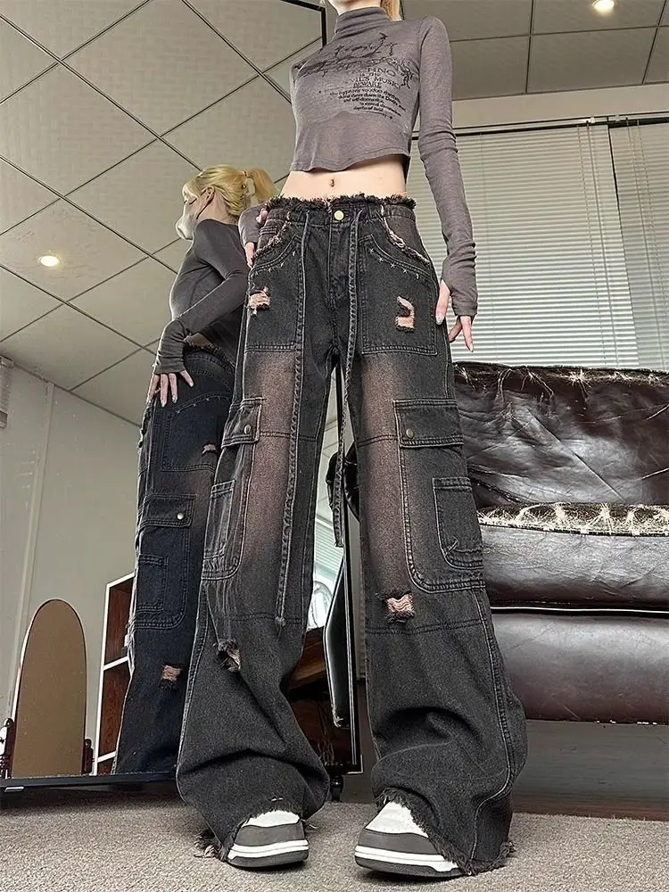 جينز عصري عالي الخصر فضفاض مستقيم الساق من قماش الدنيم للنساء للربيع والخريف متعدد الاستخدامات على الطراز الأمريكي عالي الشار...