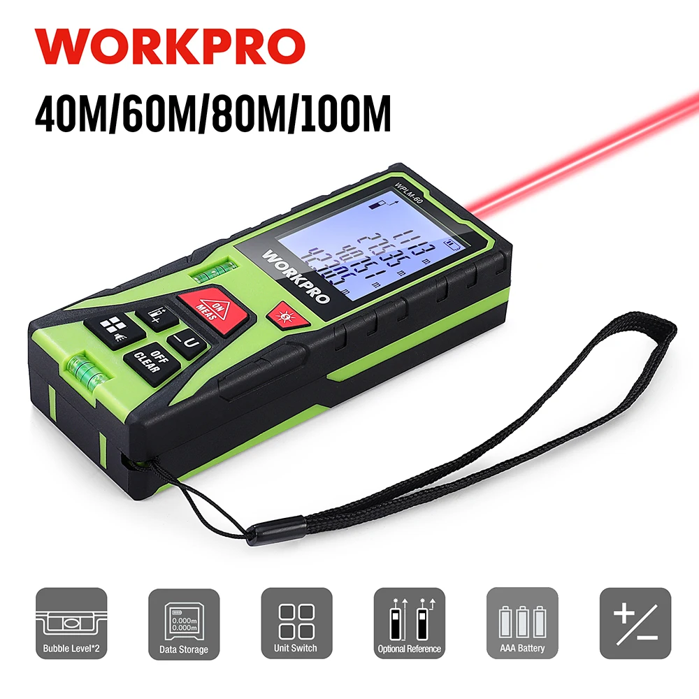 WORKPRO 40M/60M/80M/100M Laser Distance Measure with 2 Bubble Levels Profesional Rangefinder Laser Metro Laser Range Finder