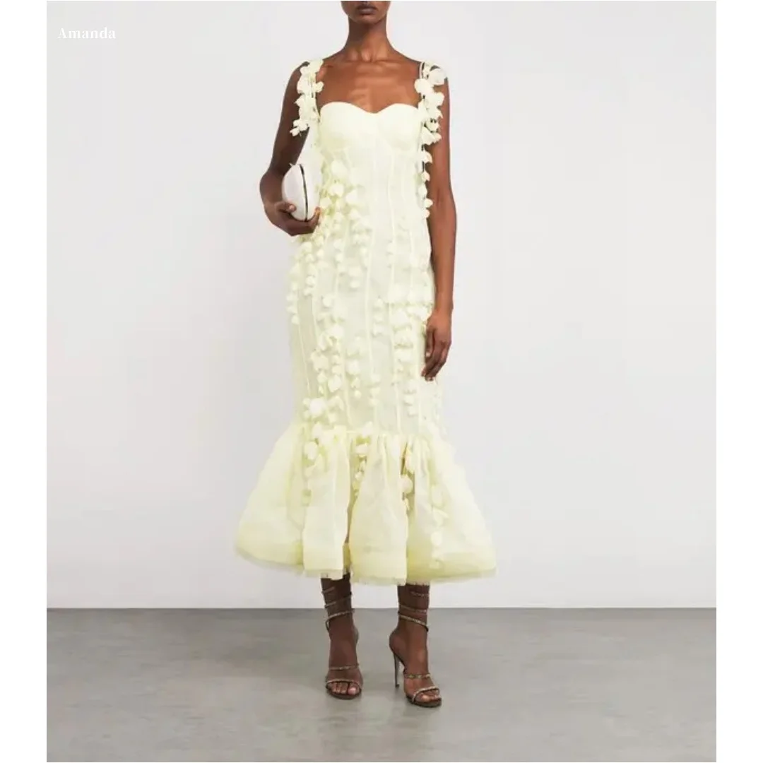 อแมนดา ชุดราตรีสีเหลืองแบบสั่งตัด ทรงเมอร์เมด ประดับดอกไม้ สายเดี่ยว แบบเวสติโดส เดอ โนเช่ เปิดหลัง ยาวระดับข้อเท้า สำหรับงานเลี้ยงอย่างเป็นทางการ ปี 2025