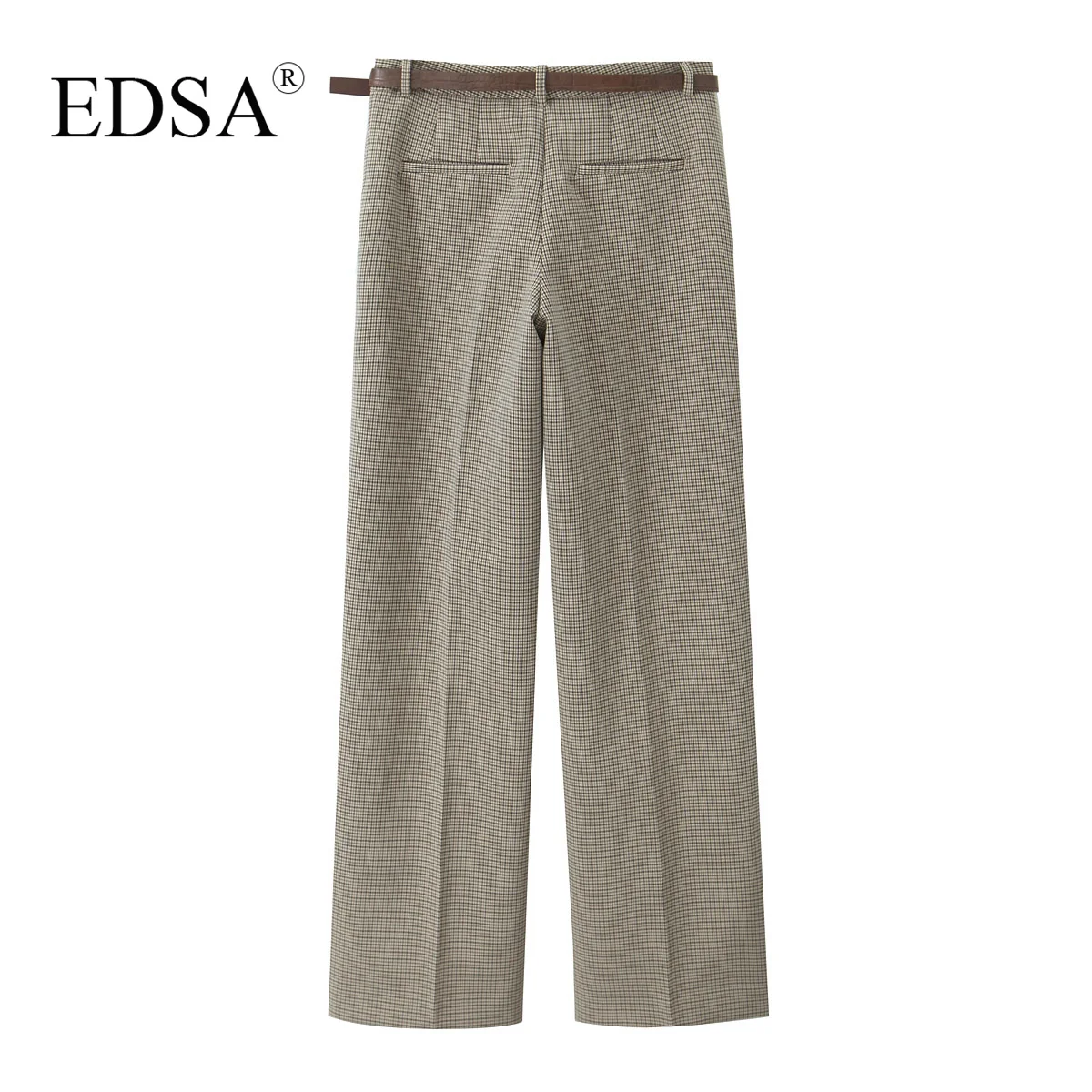 EDSA Women Grey Plaid Trousers with Belt for Office Lady High Waist Long Straight Pants