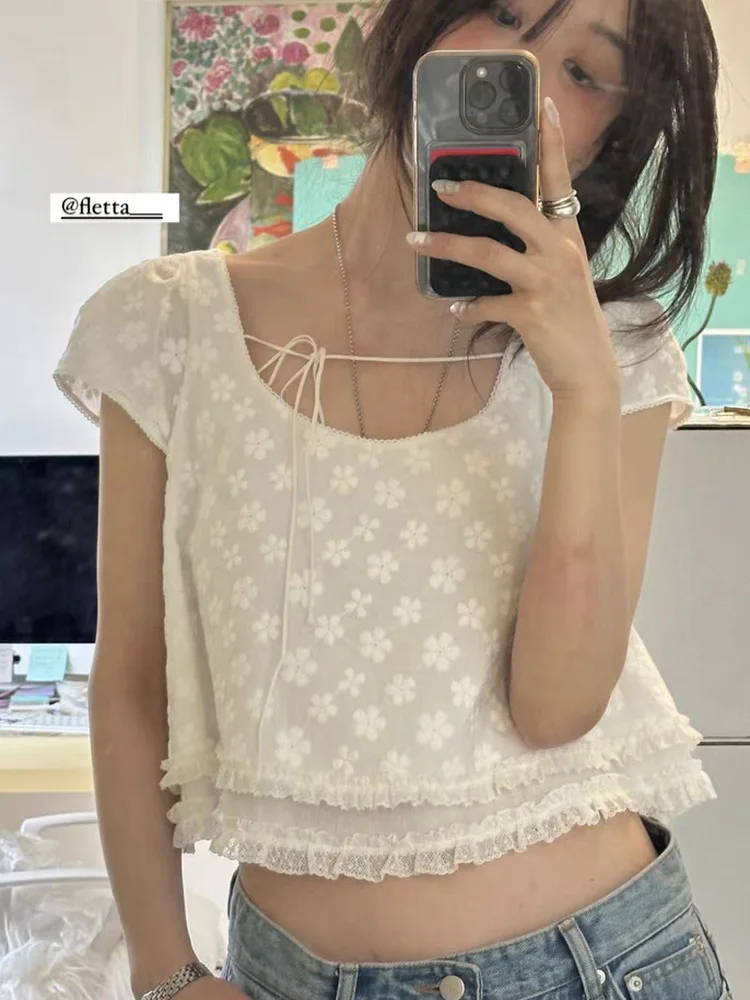 

Fletta Embroidered Flower ort Sve irt Summer Layering Lace Trim Belted Women's Commute Sle Breathable Cotton Blend