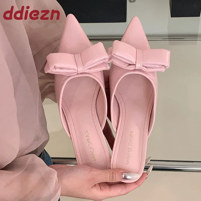 

Розовая обувь, модные женские шлепанцы на каблуке с острым носком, женские шлепанцы на низком каблуке с узлом-бабочкой, туфли-лодочки