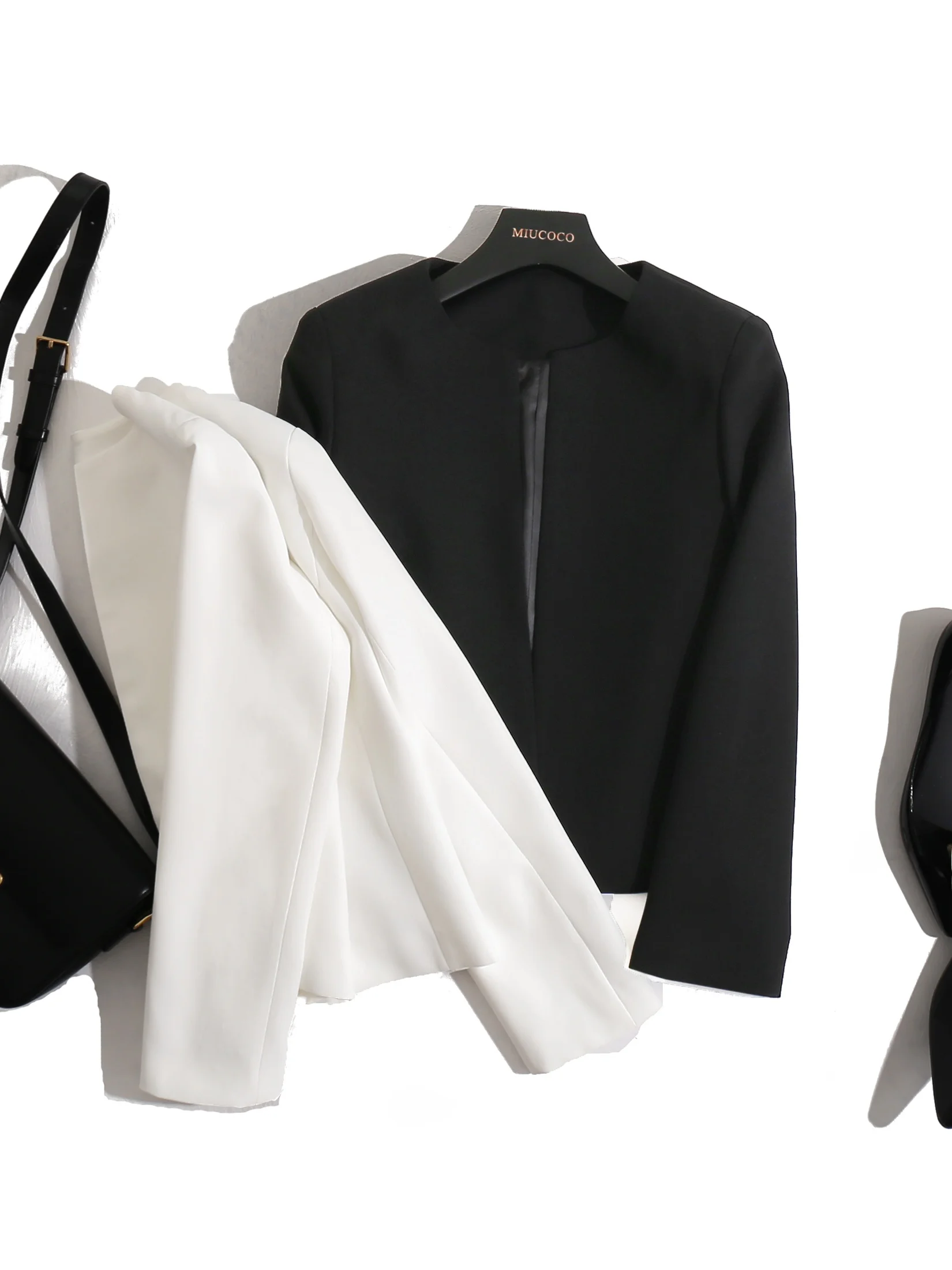 

Business Commute Short Acetate Jacket round Neck Nine Sleeve Women's Top Black White Trimmed Fashionable Versatile Outerwear
